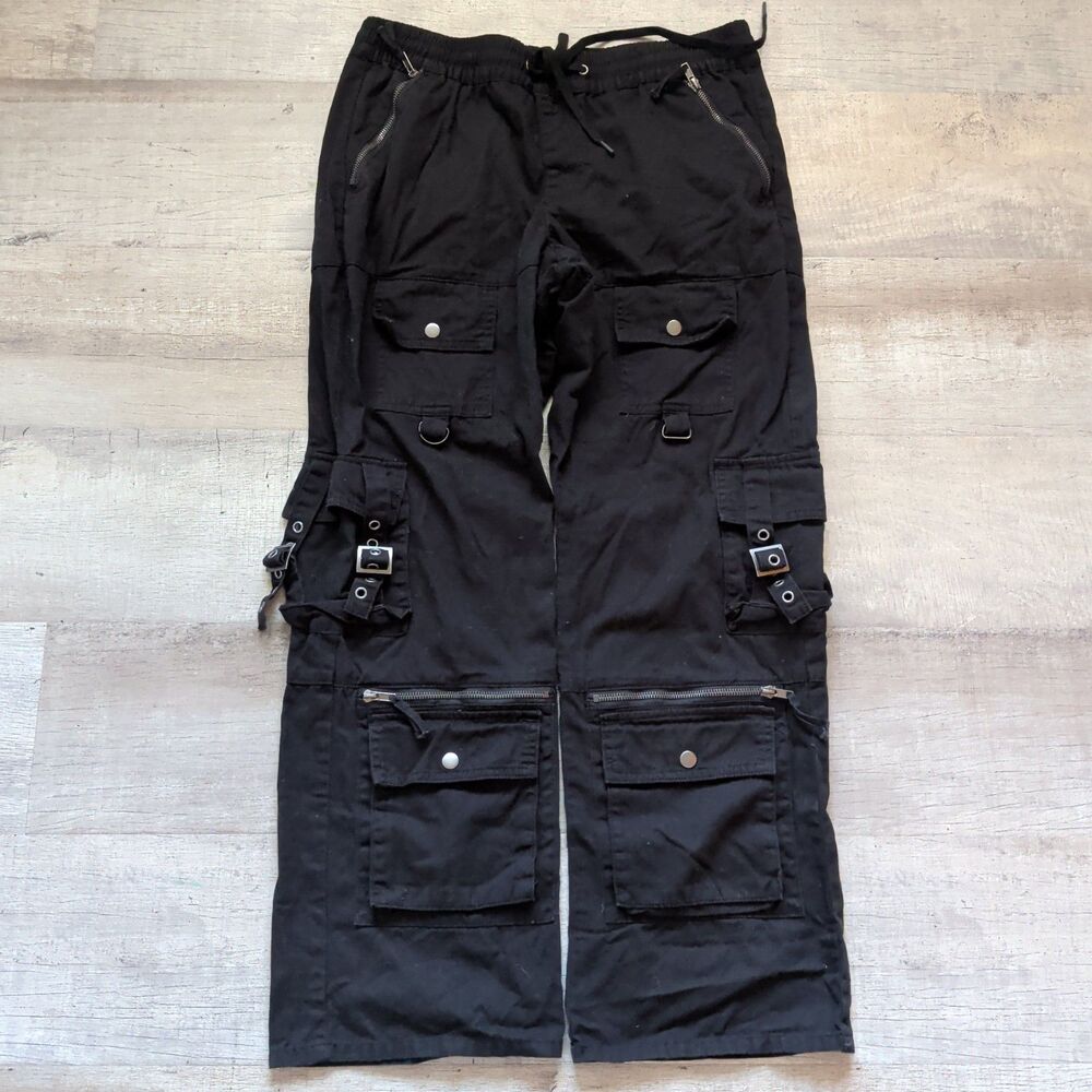 Hot Topic Mens Pants Black Zipper Cargo Size L Strappy Goth Emo Punk Stretch Euc